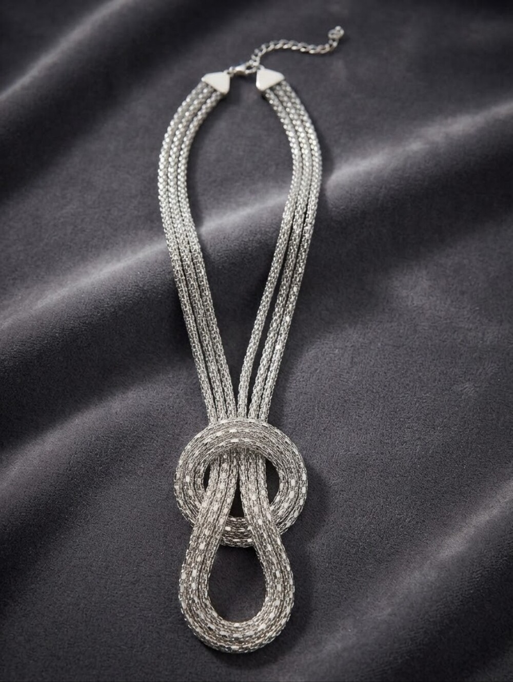 Silvertone Mesh Chain Knot Statement Necklace Lariat Woven Metallic Chic CC